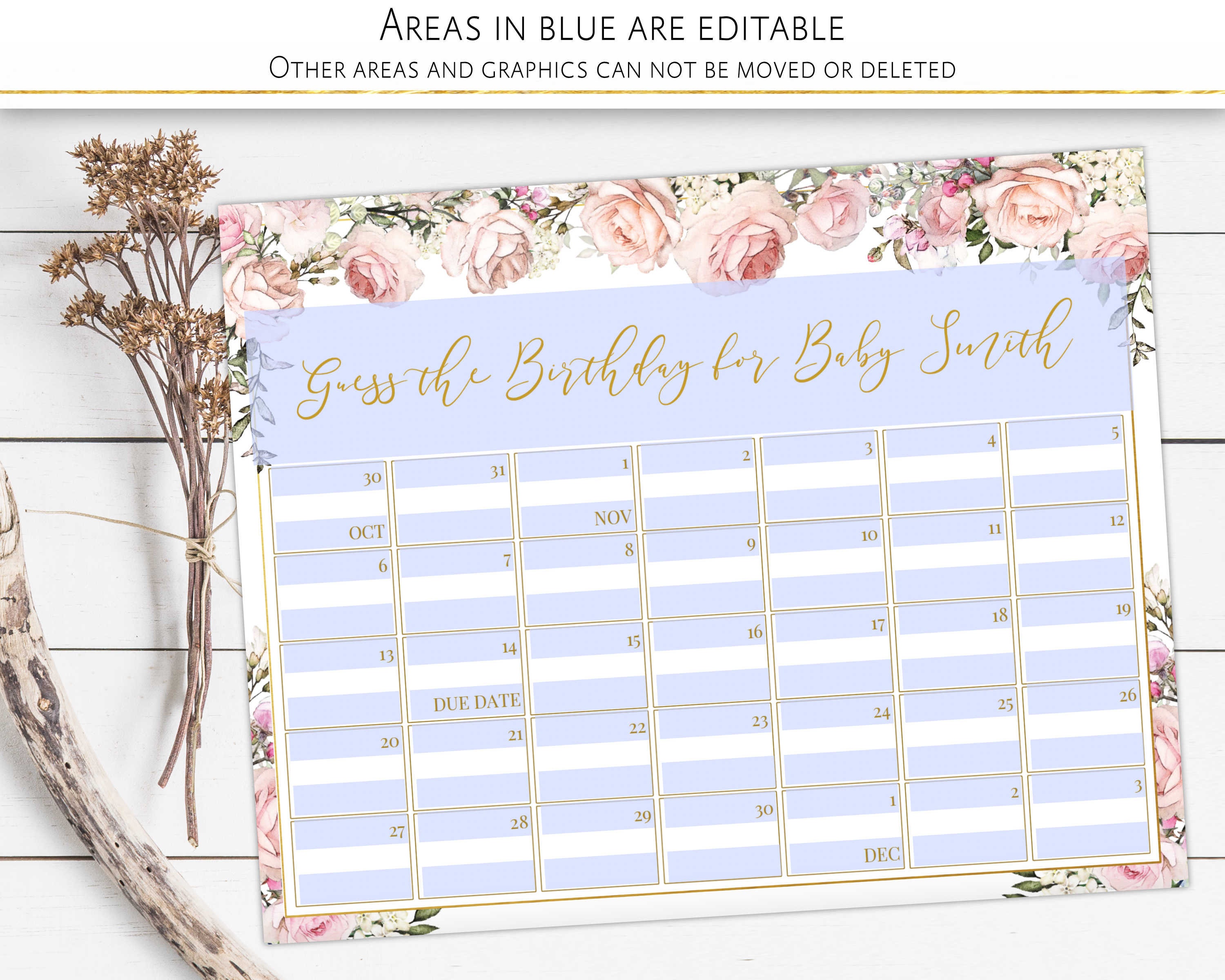 Baby Due Date Calendar Game: Blush Floral, Printable (PDF) - Etsy