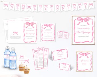 Uitnodigingsbundel voor jongevrouwen een nieuw begin: sjabloon met roze strik (digitale download)