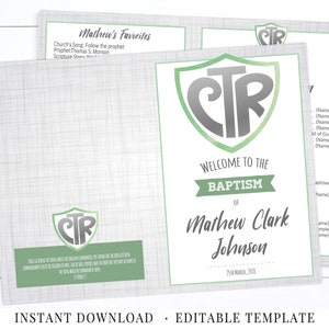 Peut inclure: Modèle d'invitation de baptême éditable avec un bouclier vert et gris avec les lettres CTR. Le texte "Bienvenue au baptême de Mathew Clark Johnson 25 mars 2011" est sous le bouclier.