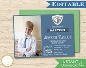 Baptism Invitation Printable, LDS Boy Baptism Invite, Editable Template, CTR Green blue