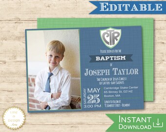 Baptism Invitation Printable, LDS Boy Baptism Invite, Editable Template, CTR Green blue