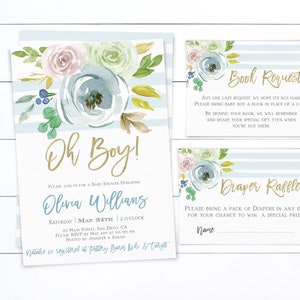 Baby Shower Boy Invitation Set, Imprimable, Demande de livre, Carte d'insertion de tombola de couches, Or floral bleu aquarelle, Modèle modifiable, BGG9