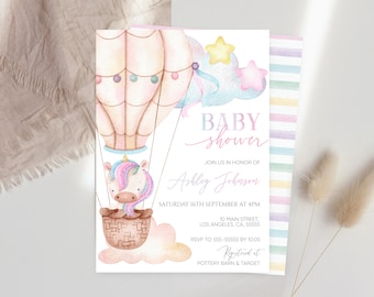 Uitnodiging babyshower aquarel eenhoorn: bewerkbare sjabloon (digitale print)