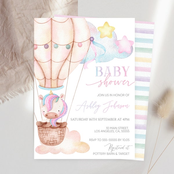 Unicorn Baby Shower Invitation, printable Baby Unicorn shower Invite Digital Print Editable Template UB1