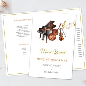 Music Recital Program Editable Template Grand Piano Violin Cello watercolor Music Concert Program Foldable Printable Music School