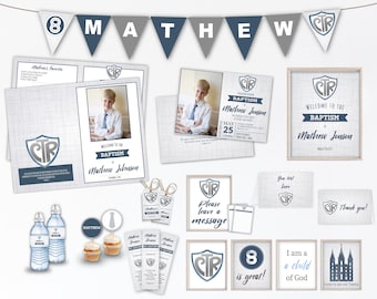 May include: A set of printable baptism party decorations featuring a blue and gray color scheme with a shield logo and the text "CTR". The decorations include a banner, invitations, water bottle labels, cupcake toppers, favor tags, and signs.