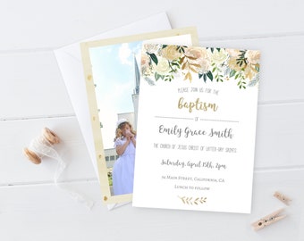 May include: A white baptism invitation with gold lettering and floral accents. The invitation reads "Please join us for the baptism of Emily Grace Smith, The Church of Jesus Christ of Latter-day Saints, Saturday, April 15th, 2pm, 34 Main Street, California, CA, Lunch to follow."