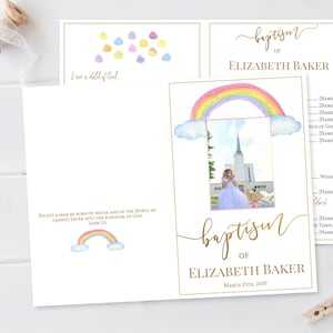Rainbow Baptism Program LDS, Printable Foldable Baptism Program with photo, Rainbow Watercolor, Minimalist Gold, Editable Template