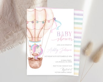 Uitnodiging babyshower aquarel eenhoorn: bewerkbare sjabloon (digitale print)