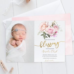LDS Baby Blessing Invitation, Printable, Editable Template, Romantic Blush Floral RB2