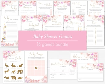 Op de afbeelding: Een set van 16 printbare babyshower-spellen met een roze en gouden kleurenschema met vlinderillustraties. De spellen omvatten "Baby Bingo", "Raad het babyvoedsel", "Wie kent mama het beste", "Baby-namensrace", "Papa of mama", "Baby-scramble", "Bekende babynamen", "Meer of minder", "De prijs is juist baby", "Baby-emoji-spel", "Advies voor de aanstaande mama", "Wensen voor de baby" en "Voorspellingen voor de baby".