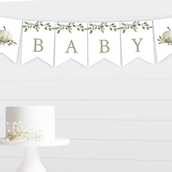 White Pumpkin Banner Flags Printable, Baby Shower Decor, Editable Template Corjl, Fall Autumn greenery pumpkin OLM2