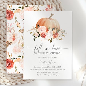 Fall in love Pumpkin Baby Shower Invitation Printable Editable Template Corjl Baby Shower Invite Fall Autumn floral FR12