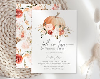 Fall in love Pumpkin Baby Shower Invitation Printable Editable Template Corjl Baby Shower Invite Fall Autumn floral FR12