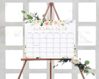 Baby Due Date Calendar Game: Blush Floral, Editable Template (Digital Download)