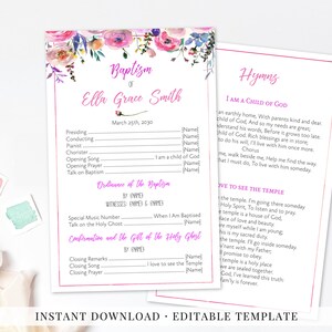Watercolor Floral Baptism Program Template (Digital Download)