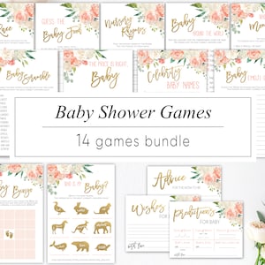 Baby Shower Games Bundle, Baby Games Set, Baby Games Printable, Peach Cream floral Gold, Baby Shower Girl, Editable Template, BP08