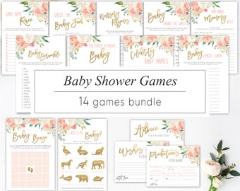 Peach Floral Baby Shower Games Bundle: 14 Game Set (Editable Template)