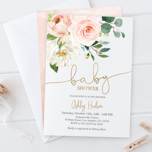 Floral Baby Shower Invitation: Blush, Ivory & Gold (Digital Download)