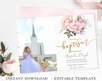 Baptism Invitation Girl Printable, Romantic Blush Floral Gold, Editable Template, LDS baptism Program