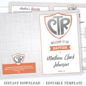 Peut inclure: Un modèle d'annonce de baptême imprimable avec un schéma de couleurs pêche et gris. Le modèle présente un bouclier avec les lettres "CTR" en gris et un fond pêche. Le texte "Bienvenue au baptême de Mathew Clark Johnson" est dans une police de caractères pêche et gris. La date "25 mars 2011" est également incluse.