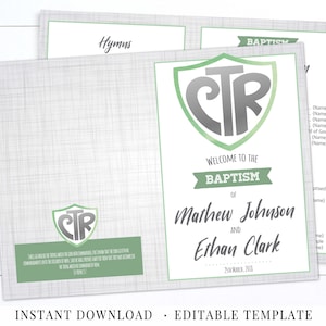 LDS Baptism Program Printable, Program for 2 Two, Editable Template, CTR Green Grey, Boy Baptism program Foldable