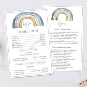 Könnte beinhalten: Ein druckbares Taufprogramm mit einem Aquarell-Regenbogen-Design. Das Programm enthält eine Liste der Teilnehmer, die Reihenfolge des Gottesdienstes und die Lieder "Ich bin ein Kind Gottes" und "Ich liebe es, den Tempel zu sehen".