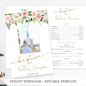 Floral Girl Baptism Program, Printable Template, LDS Girl Baptism Program with Photo, Pink Blush Floral Gold, Editable Template, DBB04