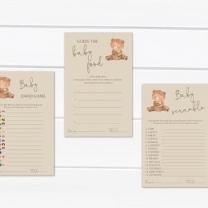 May include: Three printable baby shower game cards with a brown teddy bear illustration. The games are called "Baby Emoji Game", "Guess the Baby Food", and "Baby Scramble".
