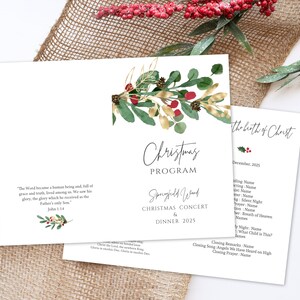 May include: A Christmas program for Springfield Ward, featuring a Christmas concert and dinner on December 2025. The program includes a list of songs and speakers. The design features a watercolor illustration of a holly branch with red berries and gold accents.
