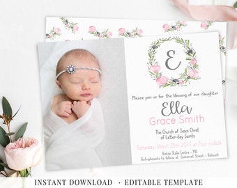 Inbjudan till flickas babyvälsignelse: Blush blommig, fotoredigerbar (digitalt utskrivbar)