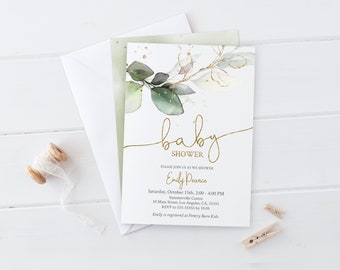 May include: A baby shower invitation featuring a green and gold floral design. The invitation reads "baby shower" in gold script and includes the text "Please join us as we shower Emily Pearce" and details for the event.