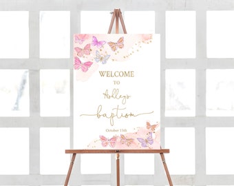 Butterfly Baptism Welcome Sign Girl Baptism Welcome Poster Butterflies Pink Purple Gold Editable Template Corjl BP2