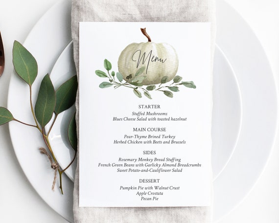 Thanksgiving Menu Template: White Pumpkin, Greenery (Editable Corjl)
