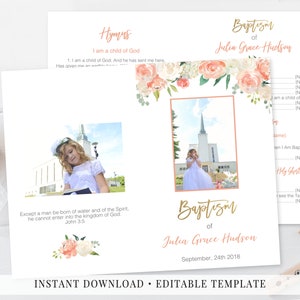 LDS Baptism Program Printable, with photo, picture, Girl baptism, Peach Cream Gold, Watercolor Floral, Gold Calligraphy, BP08