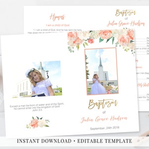 LDS Baptism Program Printable: Peach Floral, Gold Calligraphy (Editable PDF)