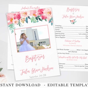 Girl Baptism program, printable program, LDS baptism Girl, Floral Blush Pink Mint, Editable Template, PM20