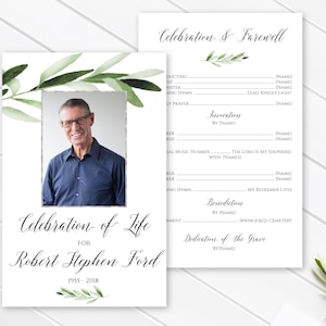 May include: A black and white funeral order of service with a photograph of a man in a suit. The order of service includes the text "Celebration of Life for Robert Stephen Ford 1955-2018" and a list of the order of service.