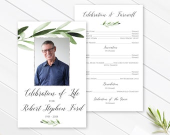 Celebration of Life Program, Memorial Program, Printable Editable Template, Greenery Foliage Leaves, Celebrating the Life