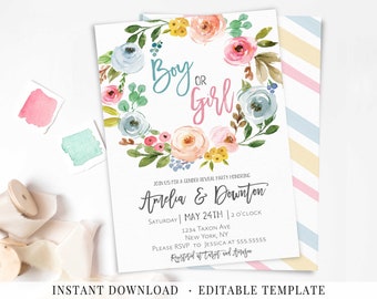 Gender Reveal Invitation Printable Baby Gender Reveal Invite Pink Blue Floral Baby Shower Reveal Invitation Editable Template Boy or Girl