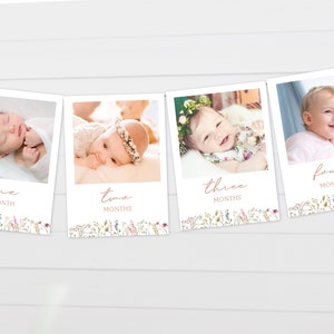Cartes d’étape de bébé fille avec photo Fleur sauvage Anniversaire Étape de première année Bannière Imprimable Papillon 1er anniversaire Rose WS1