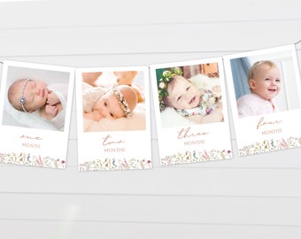 Mijlpaalkaarten babymeisje met wilde bloemen: banner 1e verjaardag (afdrukbaar)