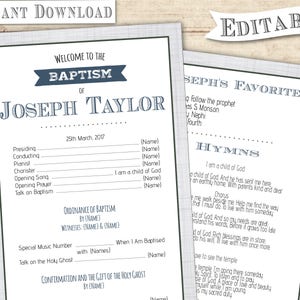 May include: A printable baptism program template with a blue and gray color scheme. The program includes the name "Joseph Taylor", the date "25th March, 2017", and a list of hymns. The program is editable and can be personalized with the names of the participants.