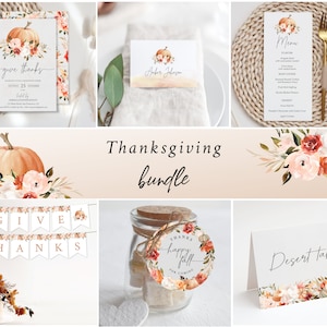 Thanksgiving Dinner Invitation Bundle, Printable Editable Template Corjl, Menu, place card, Orange Pumpkin Fall Autumn Rustic floral, FR12