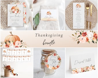 Könnte beinhalten: Ein druckbares Thanksgiving-Paket mit einem Aquarell-Kürbis-, Blumen- und Herbstthema. Das Paket enthält eine Einladung, ein Menü, eine Platzkarte, ein Banner, einen Gefälligkeitsanhänger und ein Schild für den Desserttisch. Der Text auf der Einladung lautet "give thanks".