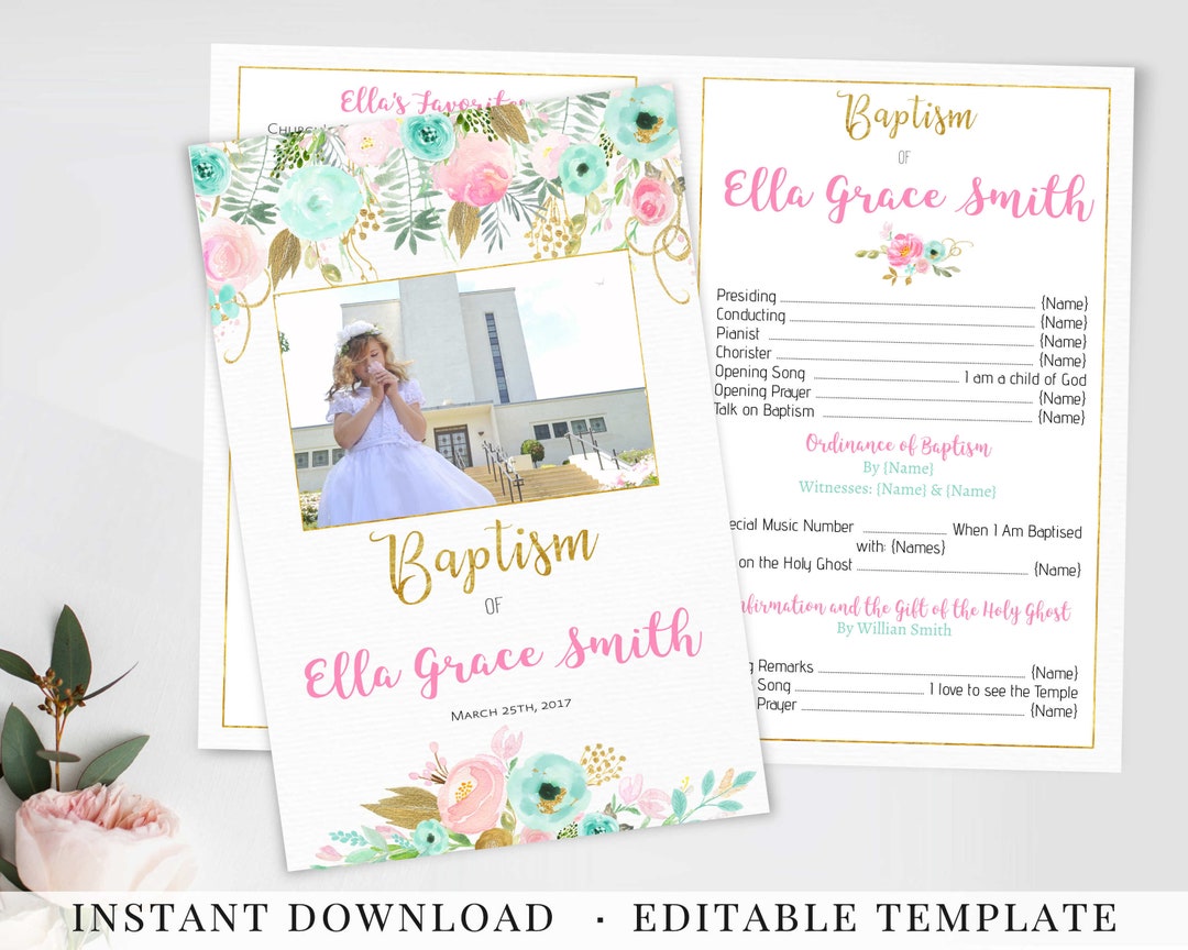 LDS Baptism Program Printable, Girl Baptism Program, Floral Watercolor ...