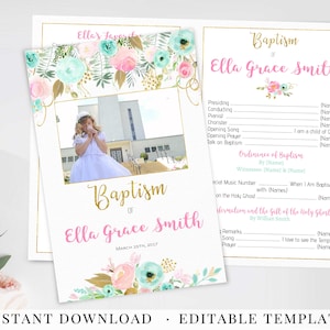 May include: A printable baptism ceremony program template with a floral design in pink, blue, and gold. The program includes sections for the presiding officiant, pianist, chorister, opening song, opening prayer, talk on baptism, ordinance of baptism, special music number, and information and the gift of the Holy Ghost. The program also includes a photo of a young girl in a white dress.