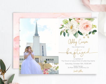 LDS Baptism Invitation: Blush Floral, Gold Calligraphy (Printable Template)