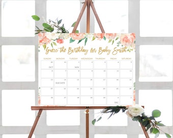 May include: A floral-themed printable calendar for a baby shower game. The calendar is titled "Guess the Birthday for Baby Smith" and includes the months of October, November, and December. The due date is marked on the calendar.