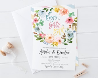 Floral Gender Reveal Invitation: Twins or Triplets (Editable Template)